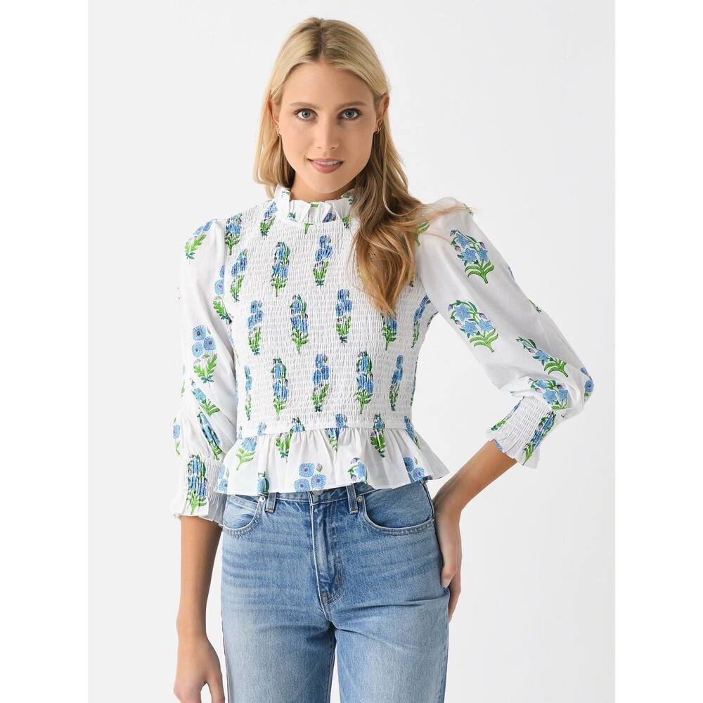 Pink City Prints Isabel Top Womens Smocked Peplum Top Long Puff Sleeve Floral S